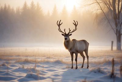 The primary subject of the image is a deer with a large set of antlers standing in a snowy field. The setting is a forest with trees in the background. The visual style is a photo, capturing the deer in its natural habitat. The colors and mood of the image are predominantly white, with the snow covering the ground and the deer's fur, creating a serene and peaceful atmosphere.